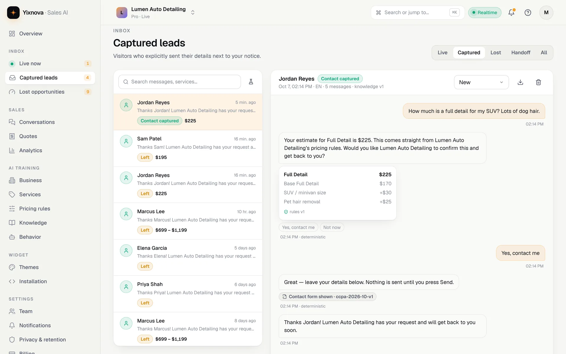 Conversation panel of the Yixnova dashboard