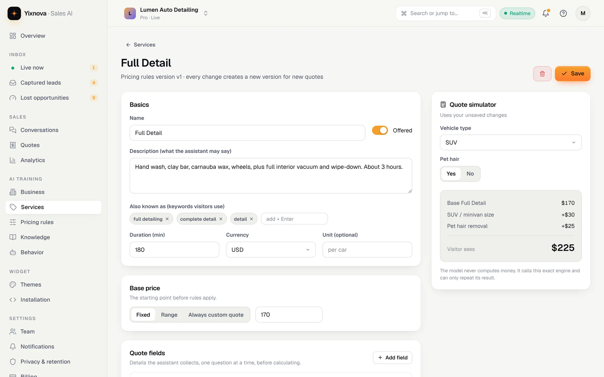 Pricing rules panel of the Yixnova dashboard