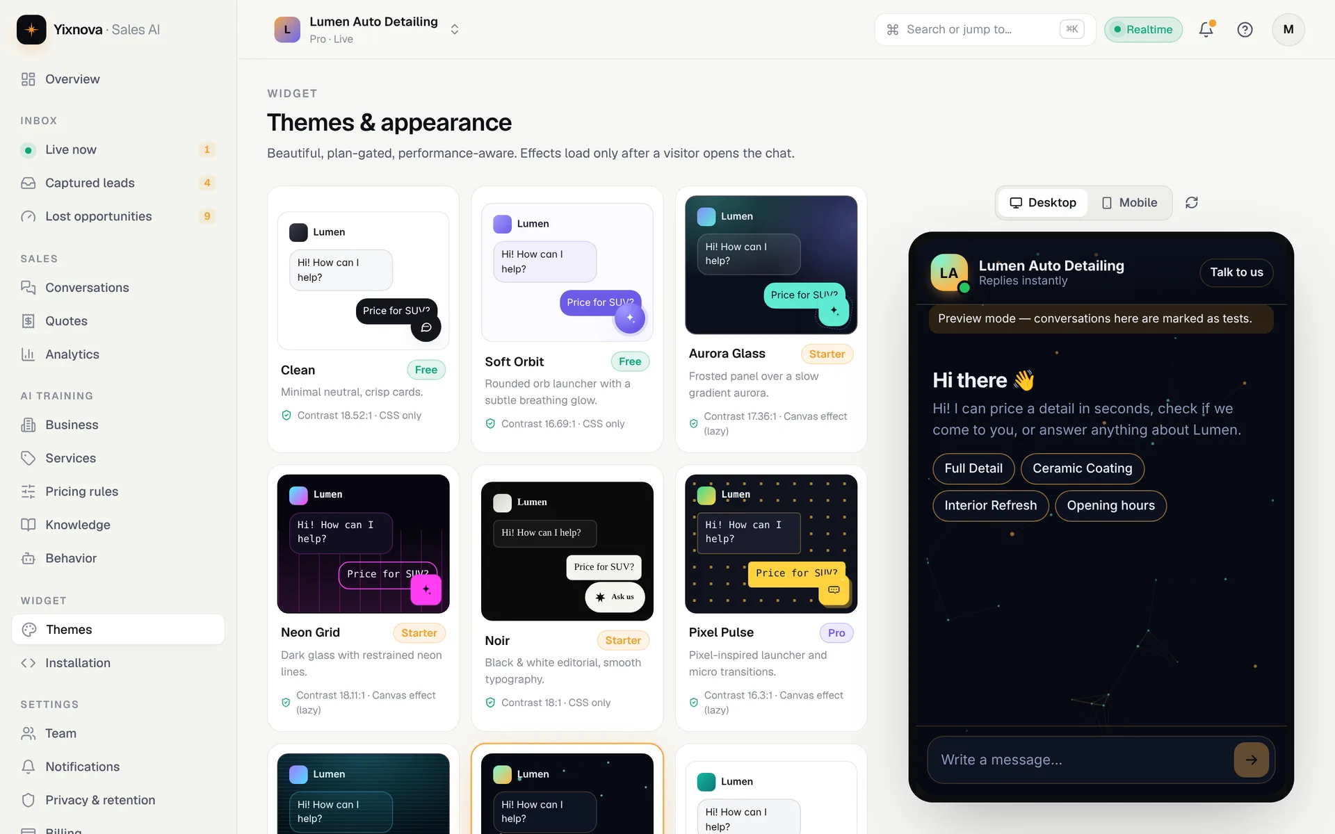 Themes panel of the Yixnova dashboard